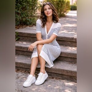 Zara cotton navy blue and white striped maxi sweater dress size small